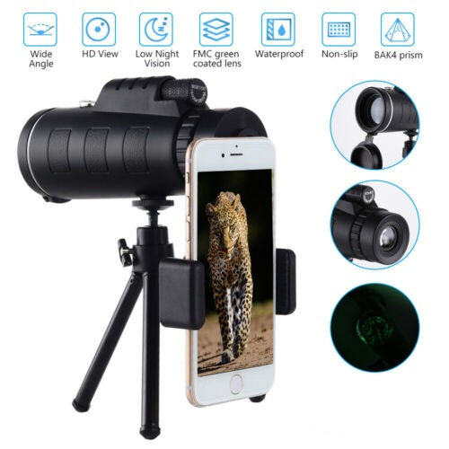 Phone holder securely gripping a smartphone, attached to a 40x60 monocular telescope