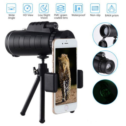 Phone holder securely gripping a smartphone, attached to a 40x60 monocular telescope