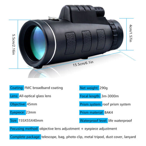 Adjustable tripod supporting a 40x60 HD monocular telescope, enhancing stability for viewing