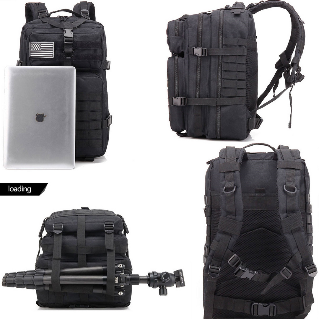 Unisex 45L tactical backpack, water-resistant, ideal for camping, hiking, and outdoor adventure travel.