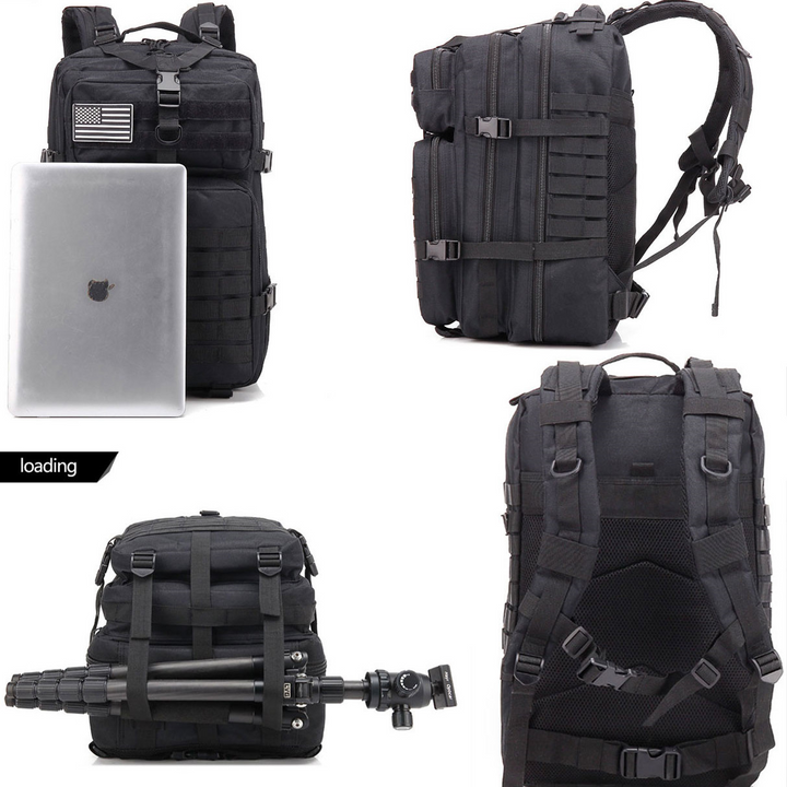 Unisex 45L tactical backpack, water-resistant, ideal for camping, hiking, and outdoor adventure travel.