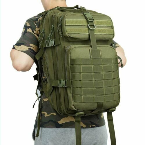 Front view of black 45L military rucksack with molle webbing, perfect as a survival pack or hiking bag.