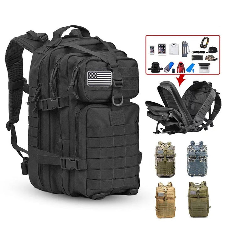 Side view of green 45L waterproof camping backpack, showing durable construction and hydration compatibility.