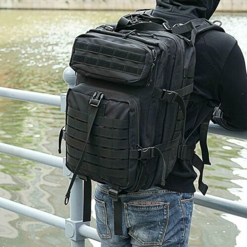 Close-up of the molle system on a grey 45L tactical bag, demonstrating versatile outdoor gear attachment.