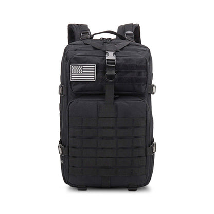 Model wearing a 45L waterproof military-style backpack, suited for rugged outdoor and hiking adventures.