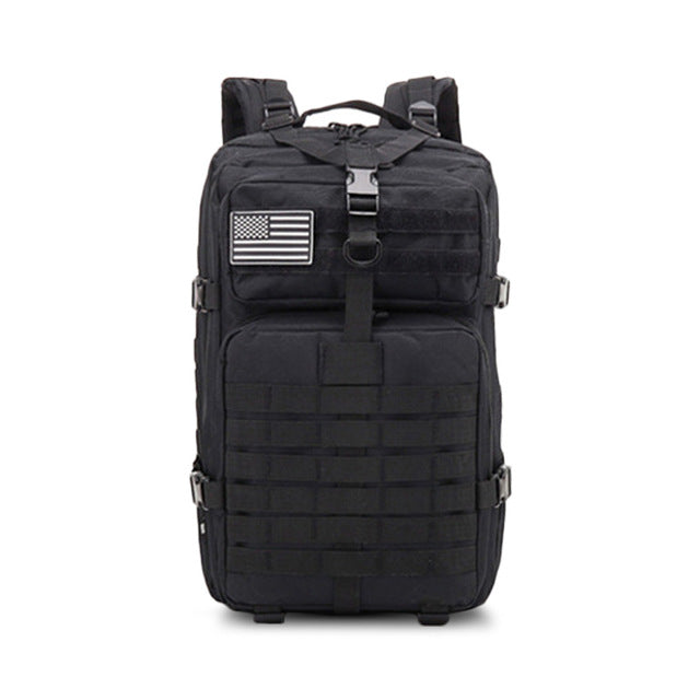 Model wearing a 45L waterproof military-style backpack, suited for rugged outdoor and hiking adventures.