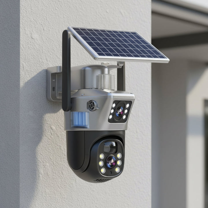 Wireless PTZ security camera, 4K resolution, solar-powered for outdoor use, with night vision and motion detection.