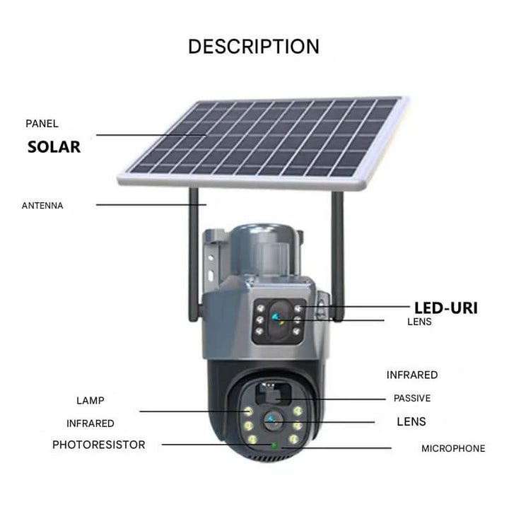 Solar-powered 4K PTZ security camera with 360° pan, night vision, and wireless setup for easy outdoor monitoring.