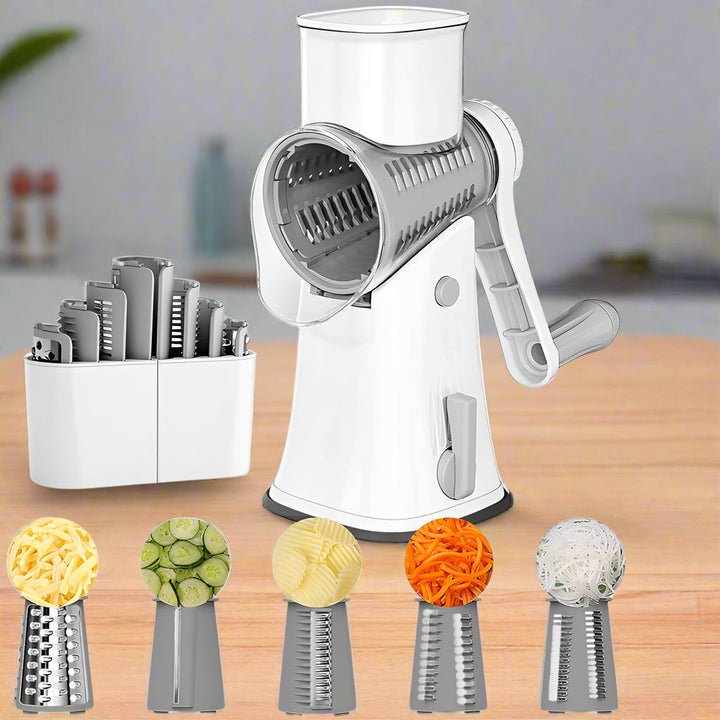 5-in-1 rotary cheese grater & vegetable slicer kitchen tool for easy meal prep & food shredding.