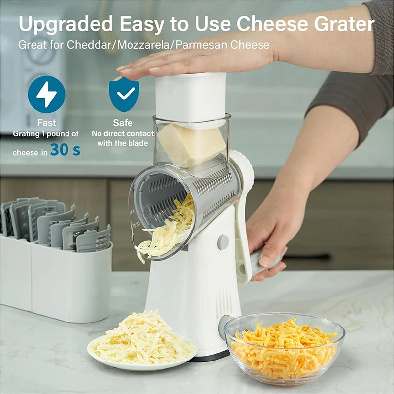 Versatile 5-in-1 rotary grater & slicer kitchen gadget for cheese, vegetables, nuts & more.
