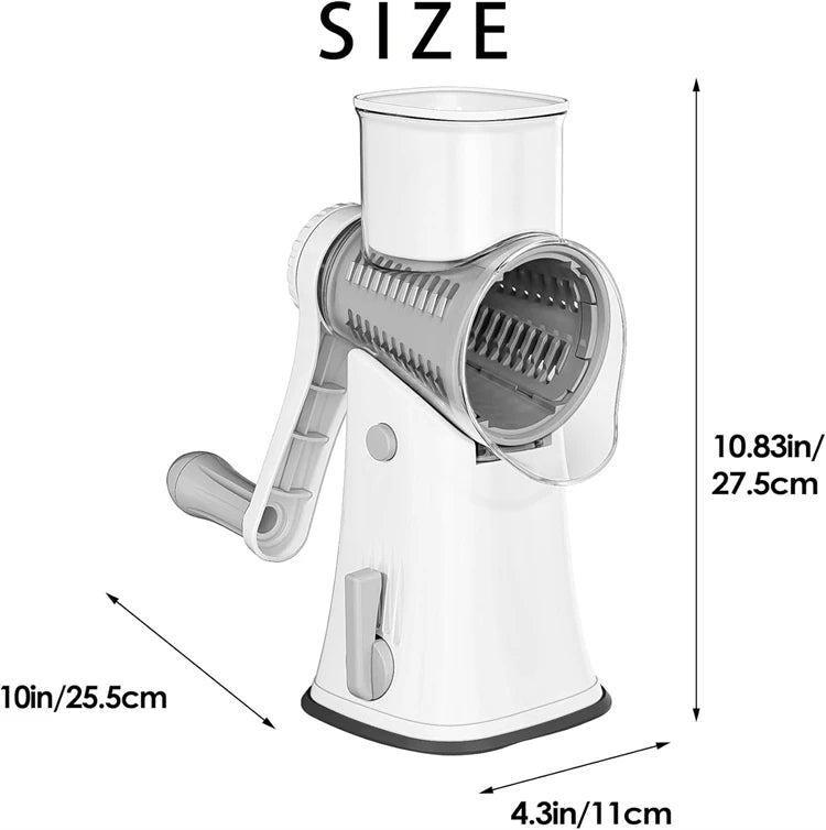 Compact 5-in-1 rotary grater & vegetable slicer with interchangeable blades for efficient food prep.