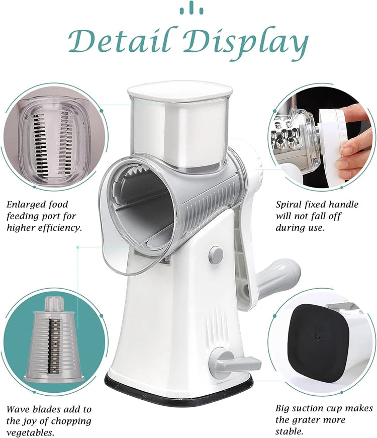 Efficient rotary cheese grater & vegetable slicer kitchen tool for quick shredding and slicing.