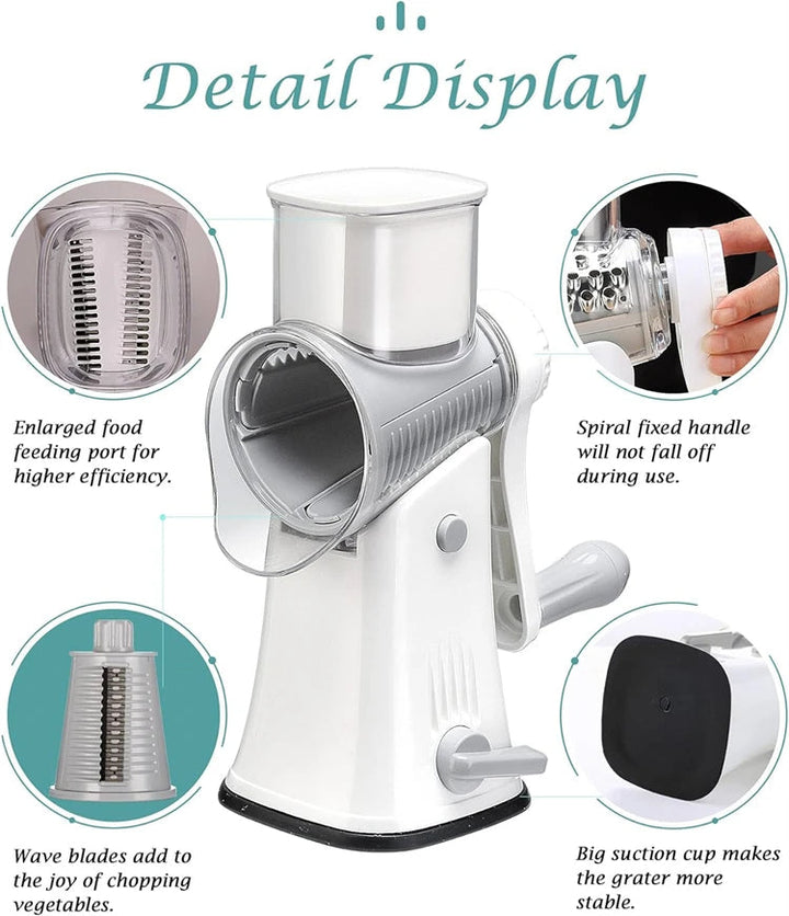 Efficient rotary cheese grater & vegetable slicer kitchen tool for quick shredding and slicing.