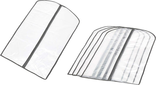 5-pack PEVA garment storage bags with zippers for dust protection, closet organization, & clothing protection.