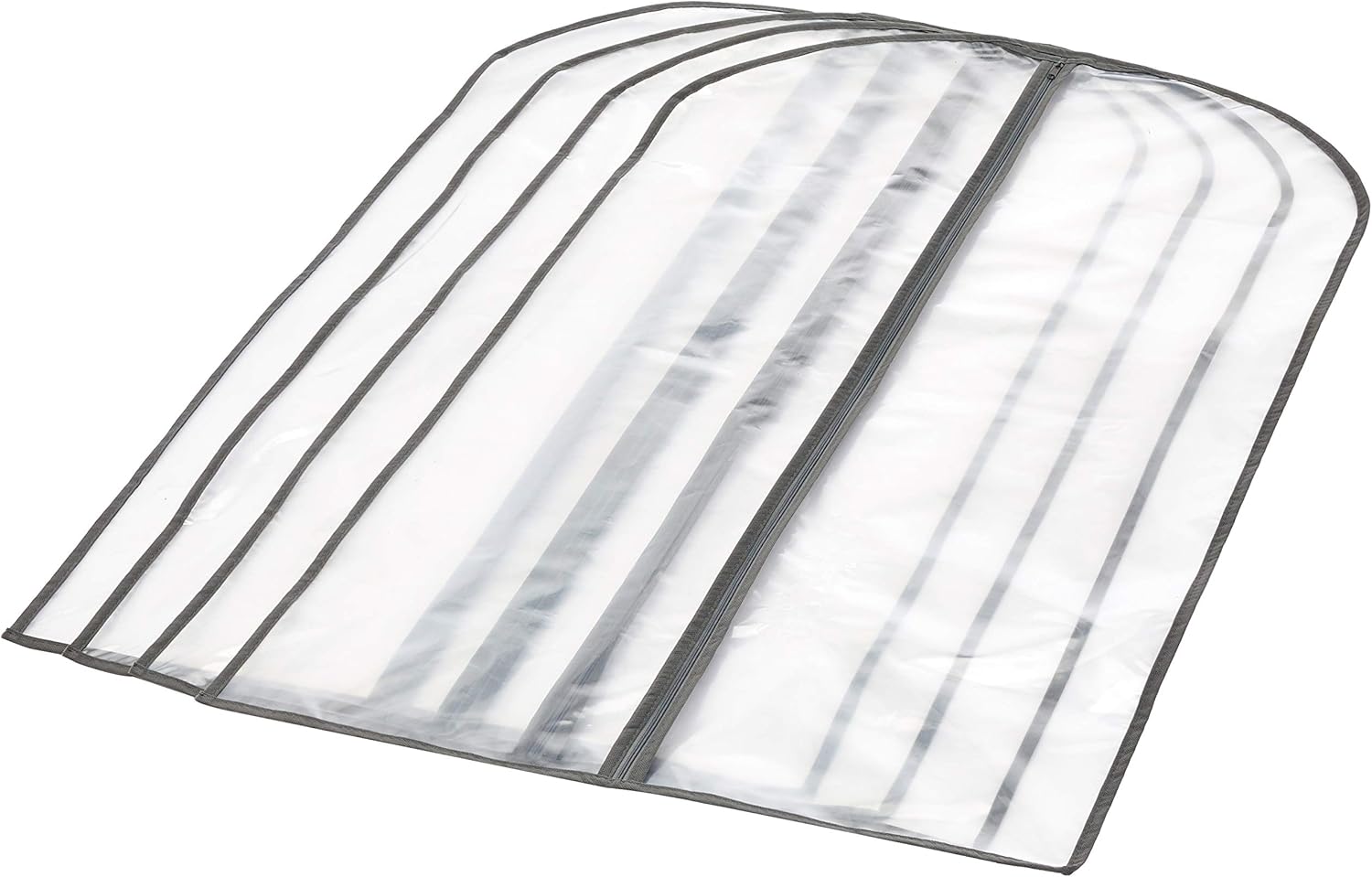 Zippered PEVA dust covers, 5-pack, for clothing protection, closet organization, and travel storage.
