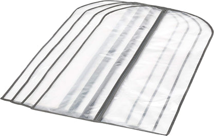 Zippered PEVA dust covers, 5-pack, for clothing protection, closet organization, and travel storage.