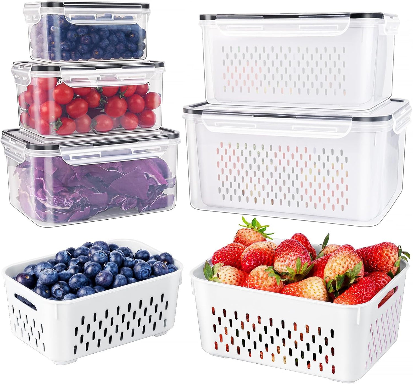 5-piece FreshKeeper food storage set with draining colanders, perfect for fresh produce in the fridge.