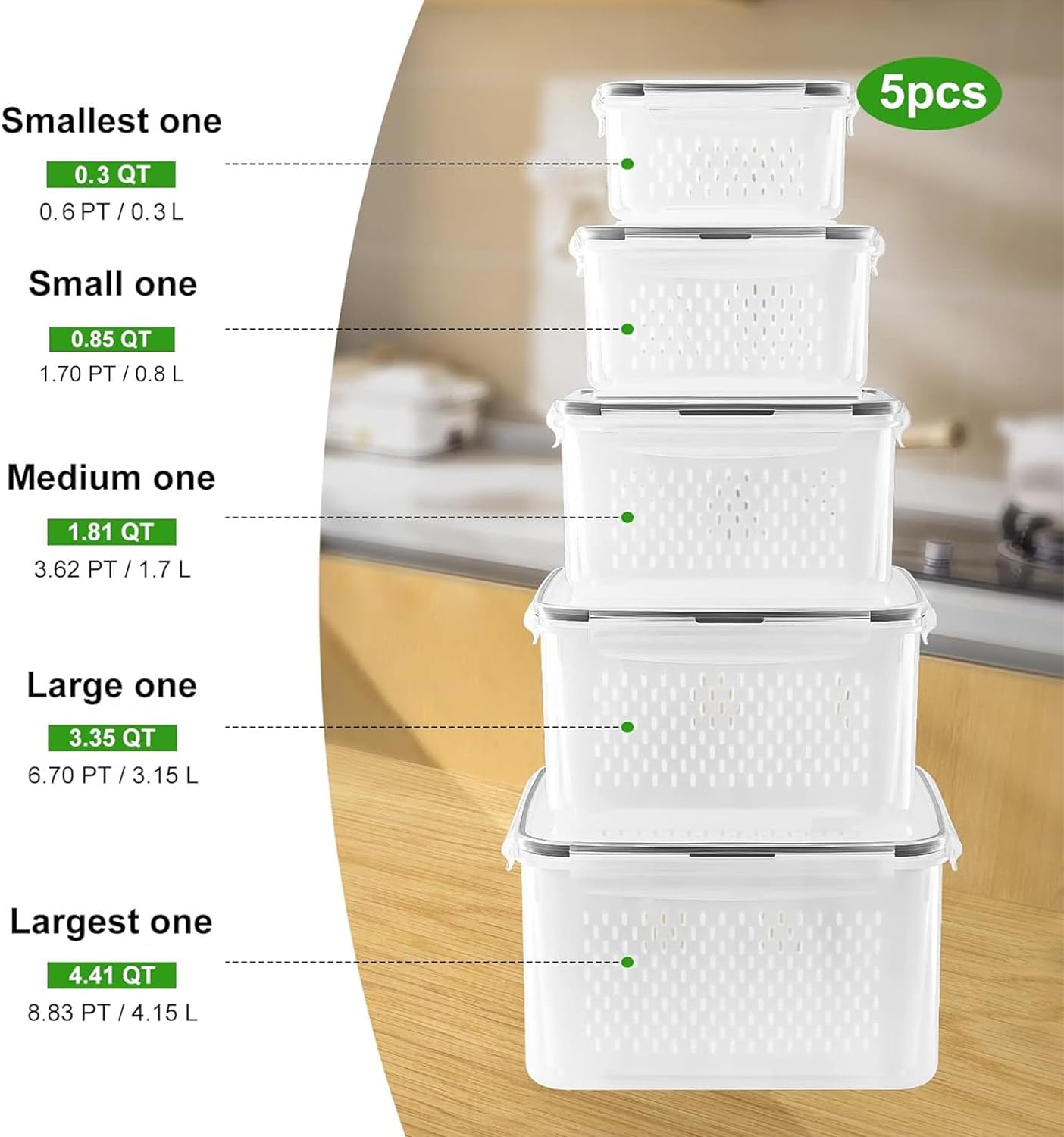 Leakproof FreshKeeper 5-piece storage set with integrated drainer colanders for organized kitchen & fridge.