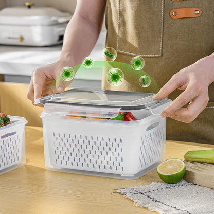 Reusable FreshKeeper 5-piece food containers, designed to keep produce crisp and extend freshness.