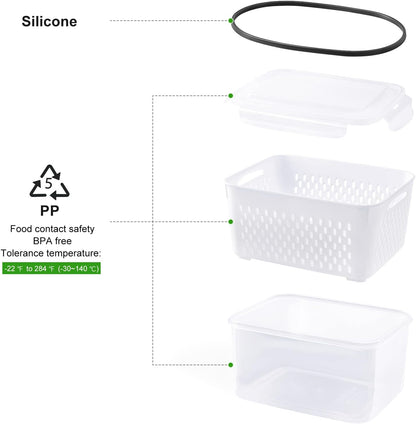 View of FreshKeeper 5-piece fridge containers with clear lids and draining colanders for meal prep.