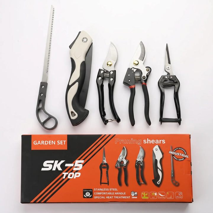 Close-up of pruning shears & folding saw from the 5-piece gardening tool set with steel blades.