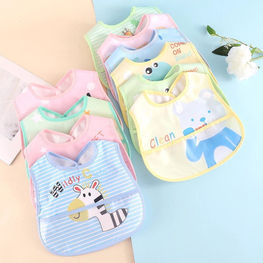 Durable 5-pack of adjustable waterproof baby bibs, featuring animal prints for clean & happy meal times.
