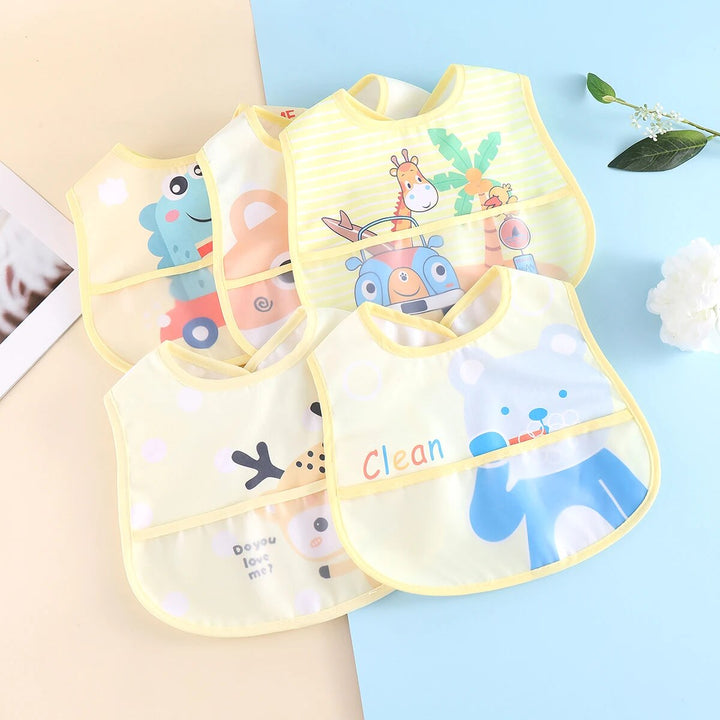 Waterproof adjustable baby bibs, 5-piece set with playful animal prints for easy toddler feeding.