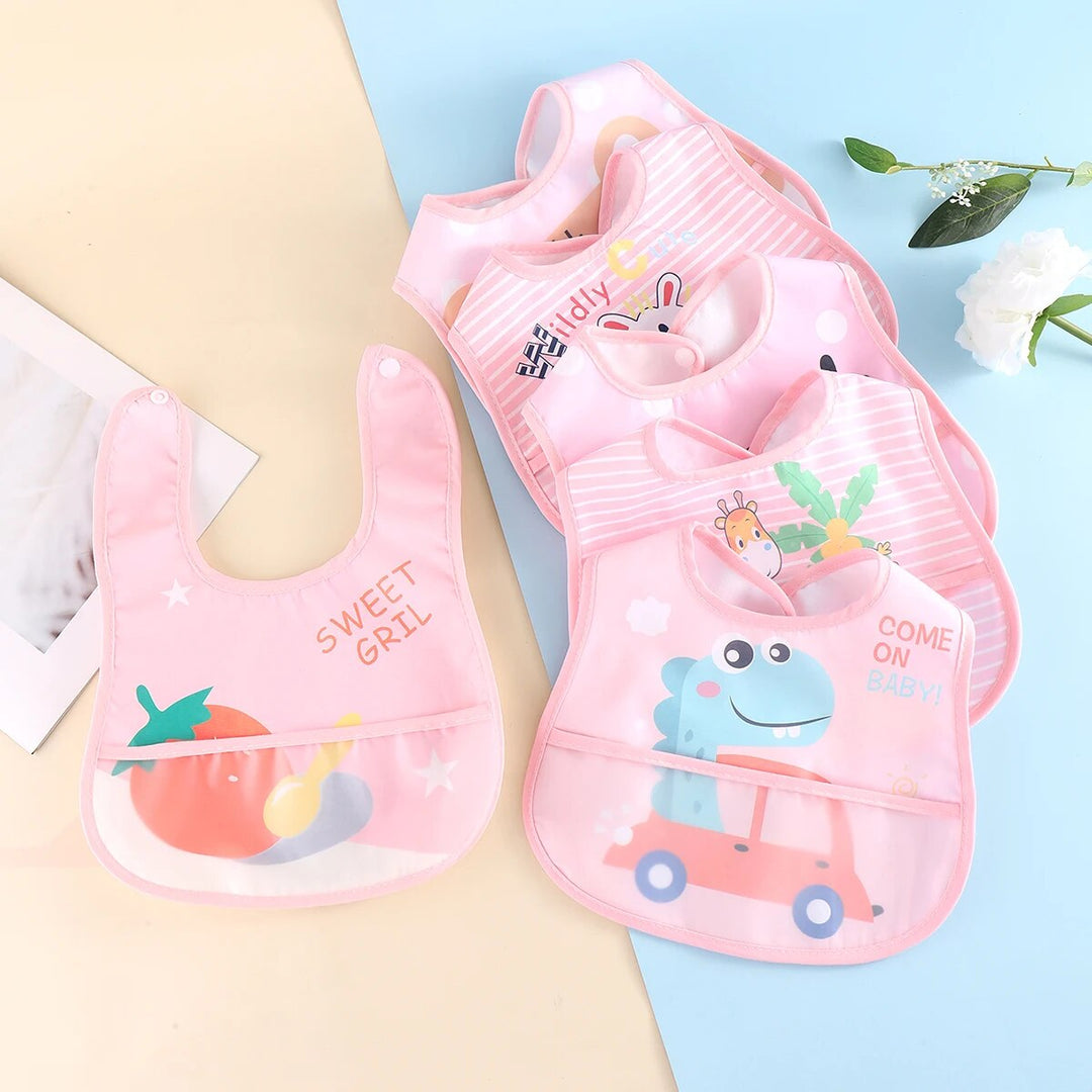 Keep your baby clean with 5 waterproof, adjustable bibs; essential for feeding, featuring cute designs.