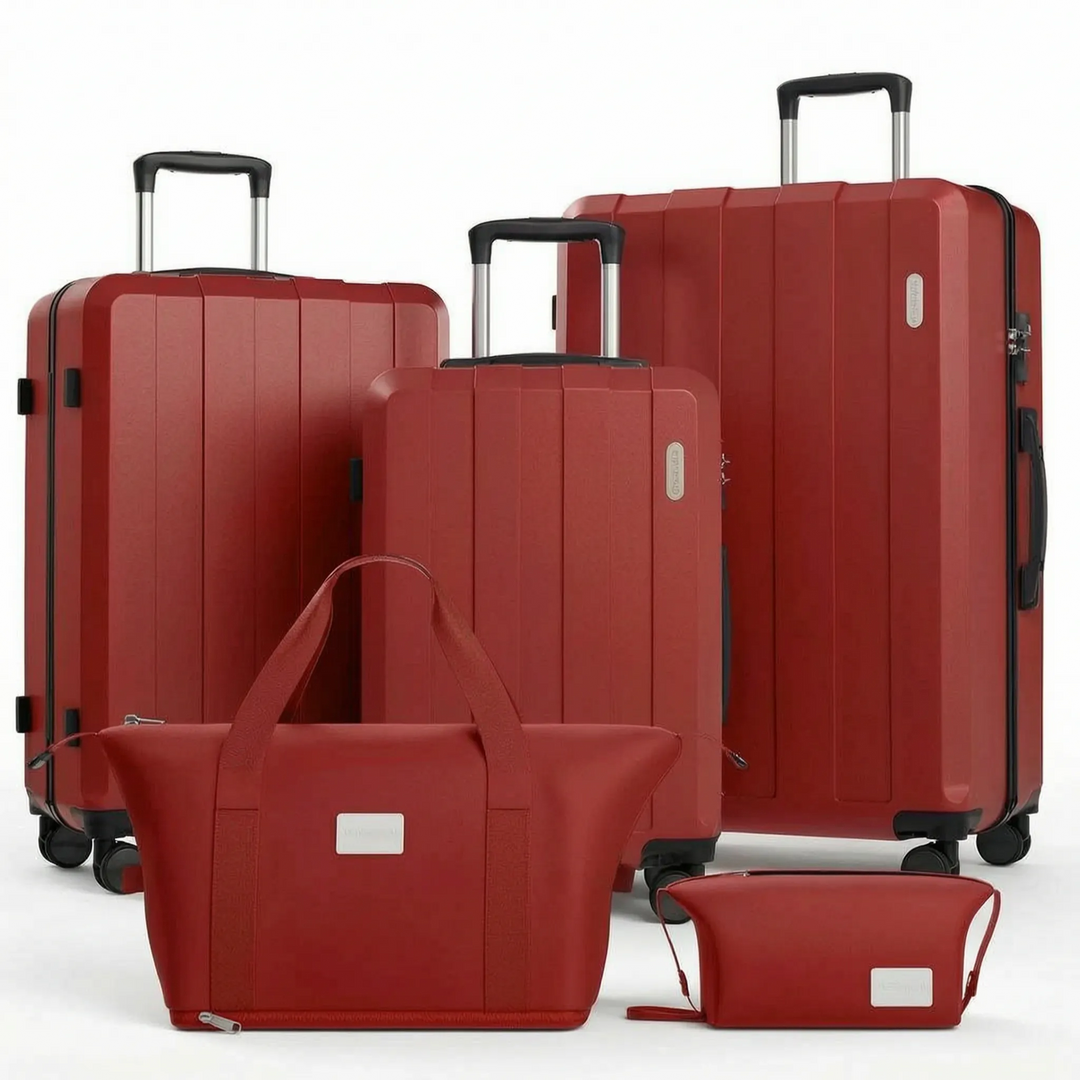 Convenient 5-piece travel luggage set. Multi-size hard shell spinner suitcases for easy packing and transport.
