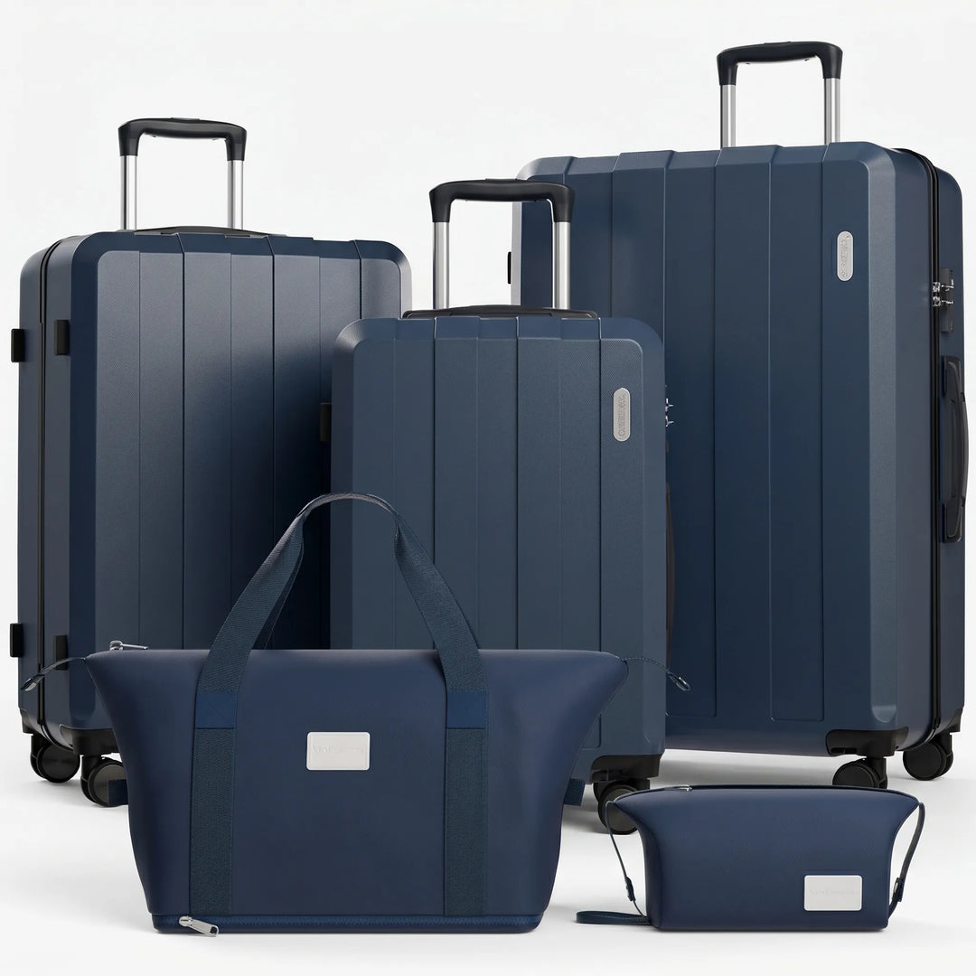 Versatile 5-piece travel luggage set with spinner wheels. Multi-size suitcases and bags for all your travel needs.