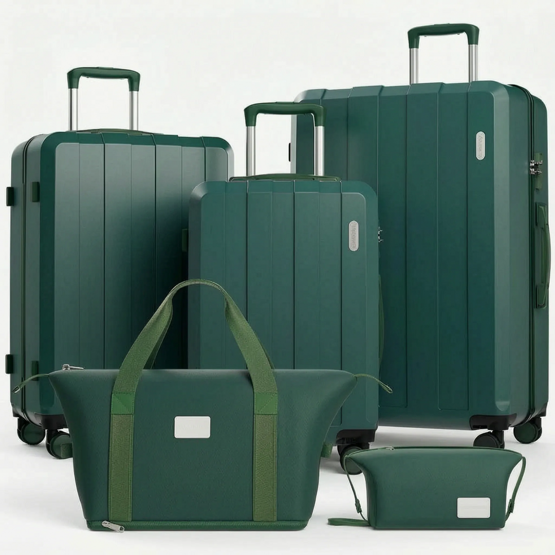Rolling hard shell 5-piece luggage set. Durable spinner suitcases for smooth movement on any vacation or trip.