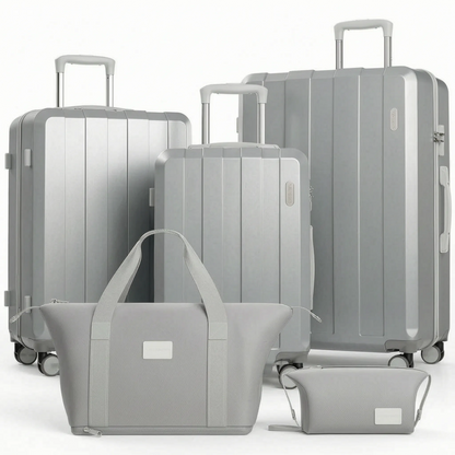 Modern 5-piece travel gear set. Hard shell suitcases with smooth spinner wheels for efficient and stylish journeys.