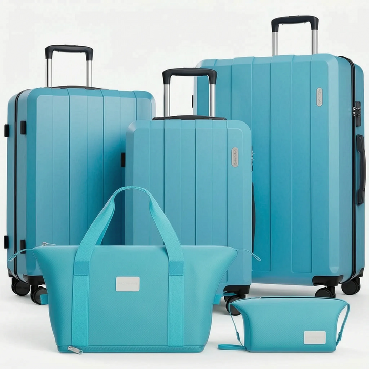 Complete 5-piece travel set. Durable hard shell suitcases with spinner wheels, a versatile storage solution.