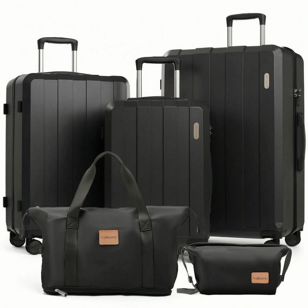 Expandable 5-piece travel set, including hard shell spinner suitcases and various matching travel bags.