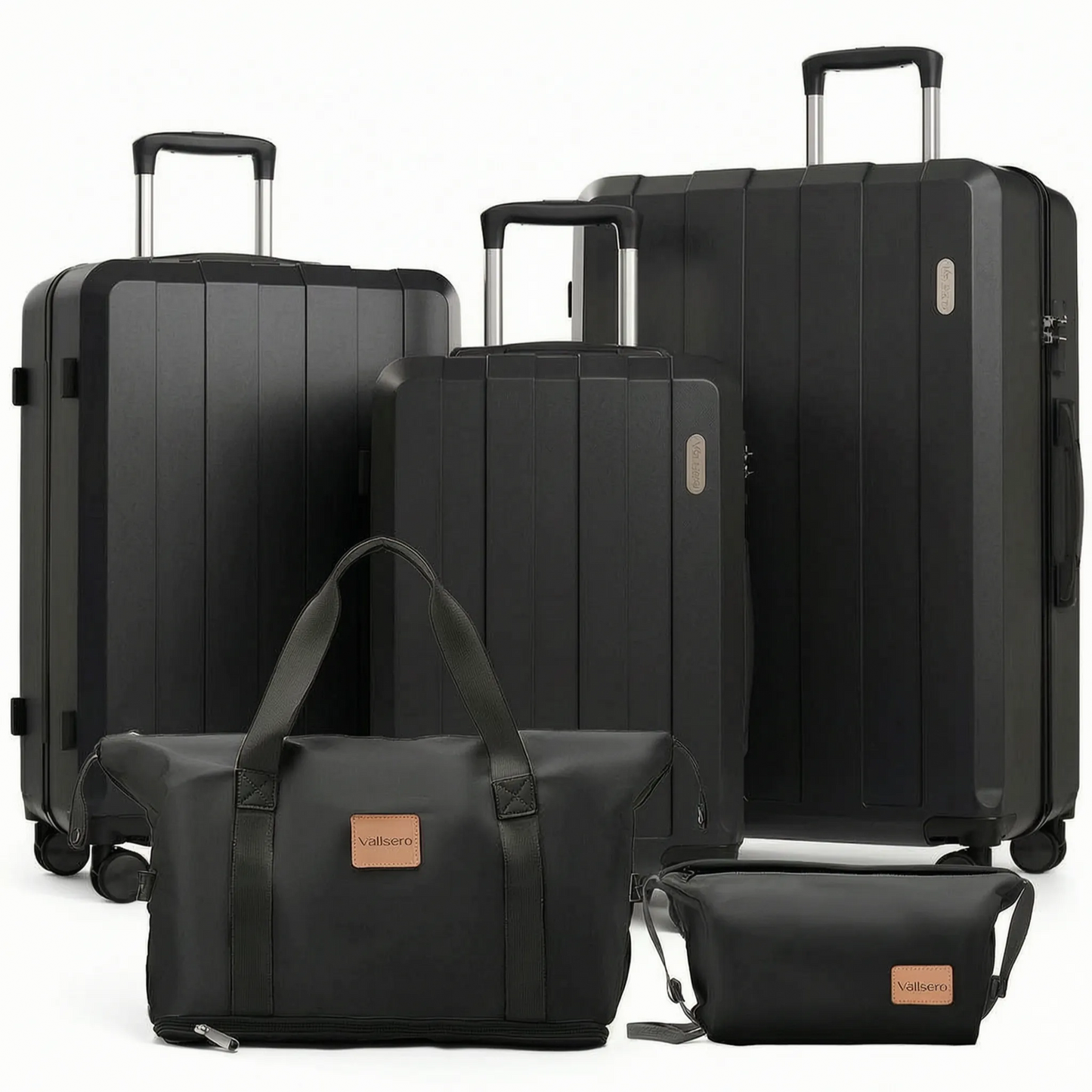 Expandable 5-piece travel set, including hard shell spinner suitcases and various matching travel bags.