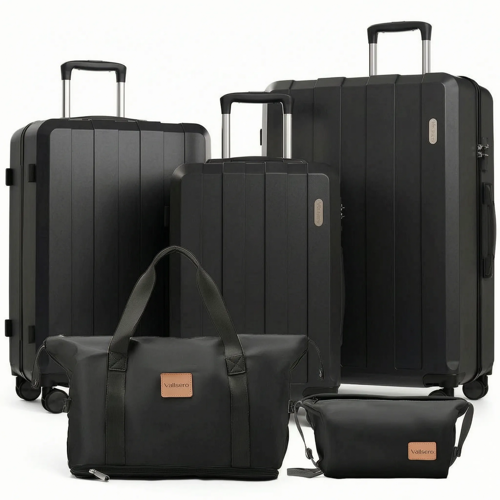 Expandable 5-piece travel set, including hard shell spinner suitcases and various matching travel bags.