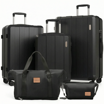 Expandable 5-piece travel set, including hard shell spinner suitcases and various matching travel bags.