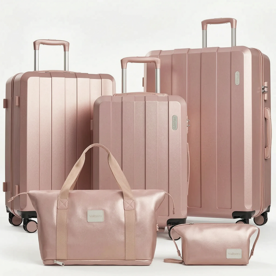 Durable 5-piece travel luggage set. Hard shell suitcases with spinner wheels for reliable journey and vacation use.