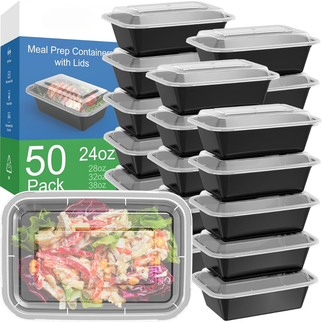Stackable food storage containers, 50-piece set with airtight lids, perfect for kitchen organization.