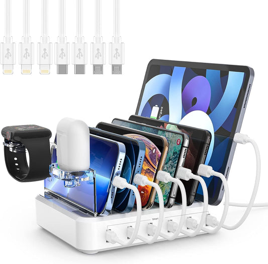 6-in-1 fast charging station for multiple phones, tablets, & smart devices. Organizes & powers your tech.