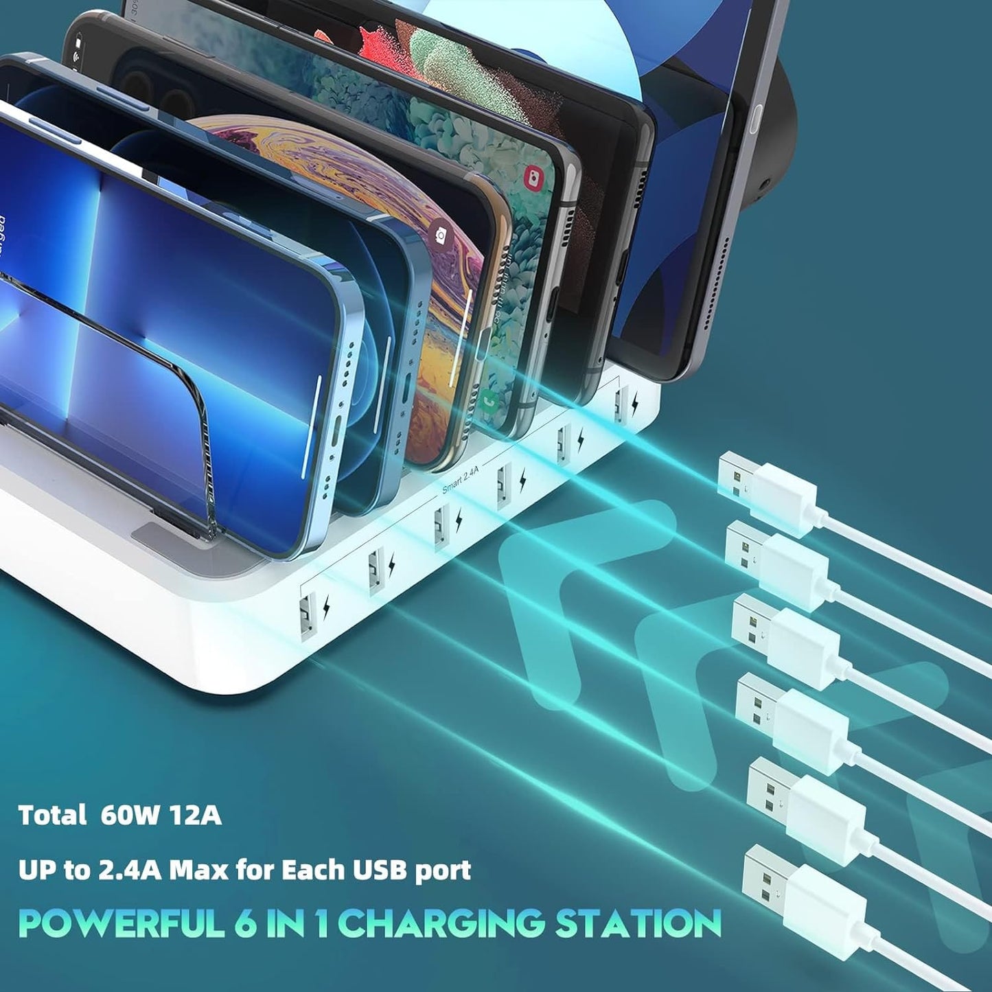 Efficient 6-in-1 fast charging station. Organizes & quickly powers multiple devices for home or office use.