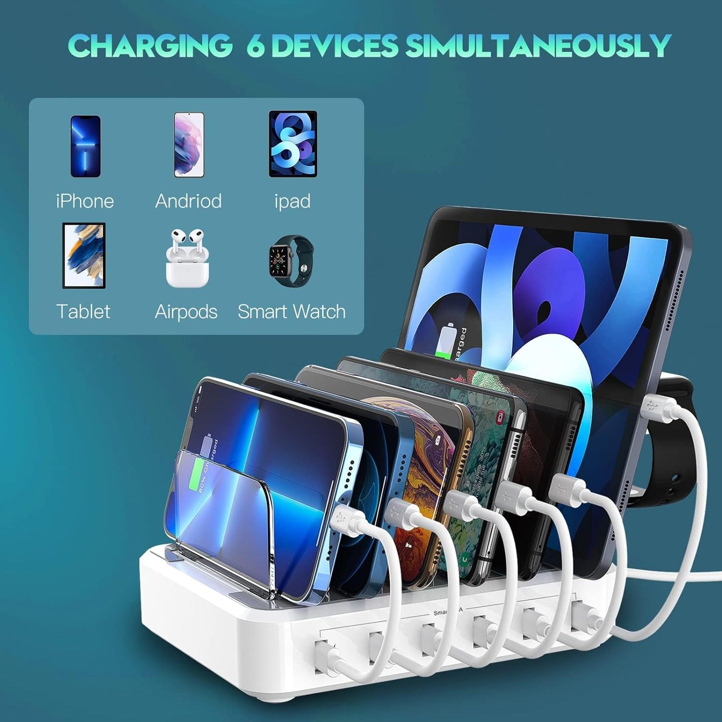 Multi-device fast charging station with USB hub. Powers 6 phones & tablets, decluttering home/office electronics.