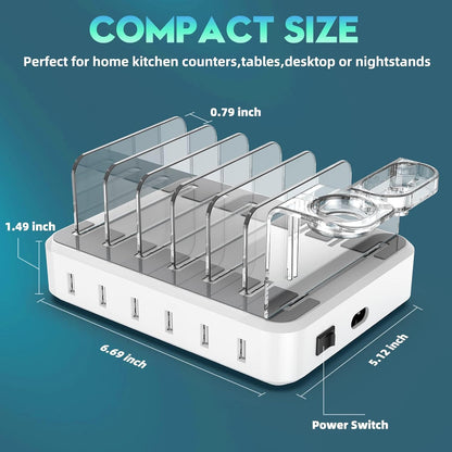 Compact 6-in-1 fast charging station, ideal for office or home. Charges multiple phones & tablets, declutters workspace.