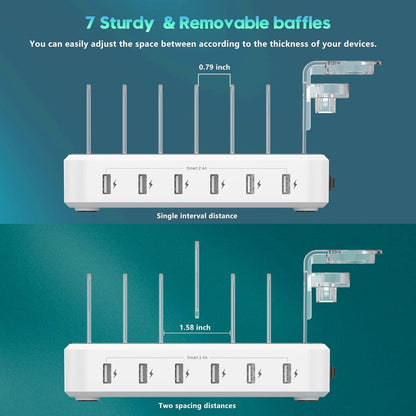 Streamlined 6-in-1 fast charging station. Quickly powers multiple devices, acts as a smart electronics organizer.