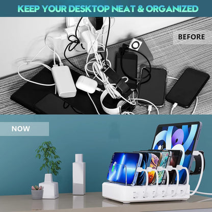 Premium 6-in-1 multi-device fast charging station. USB hub & organizer for phones, tablets, & electronics.