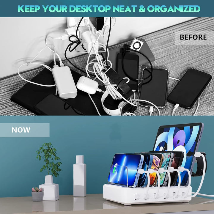 Premium 6-in-1 multi-device fast charging station. USB hub & organizer for phones, tablets, & electronics.