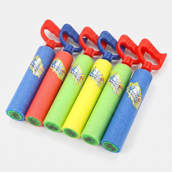 Kids enjoying pump action foam water blasters, perfect for summer outdoor play, pool, beach, or party fun.