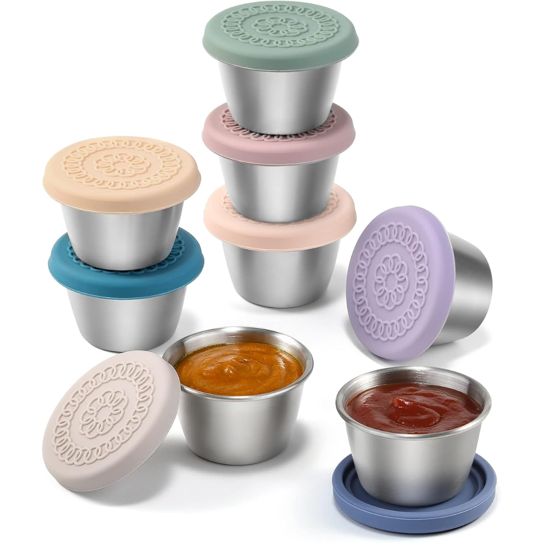 6-piece leak-proof stainless steel sauce cups for meal prep, ideal for portable lunch & food storage.