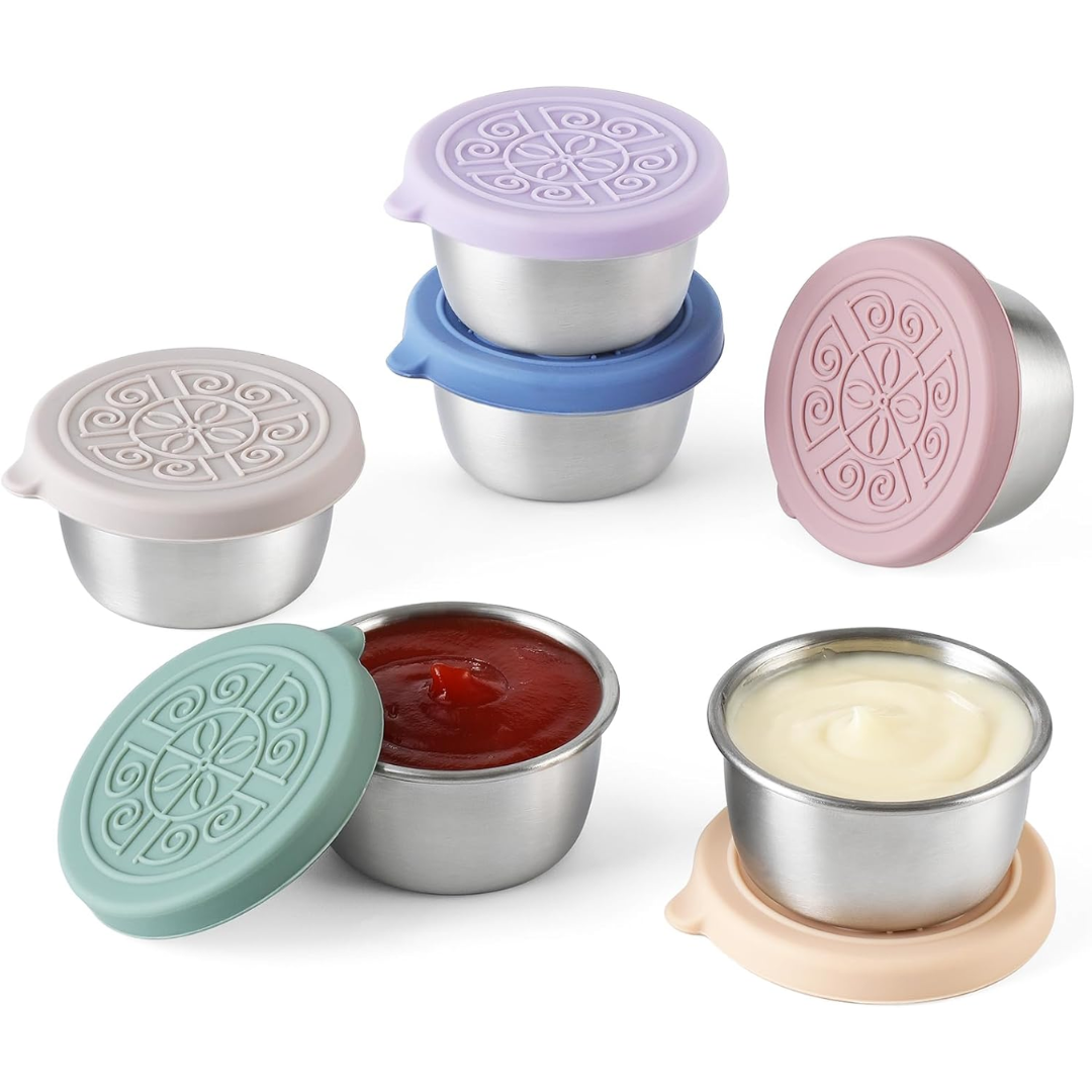 Set of 6 reusable stainless steel sauce containers, perfect leak-proof food storage for kitchen & lunch.