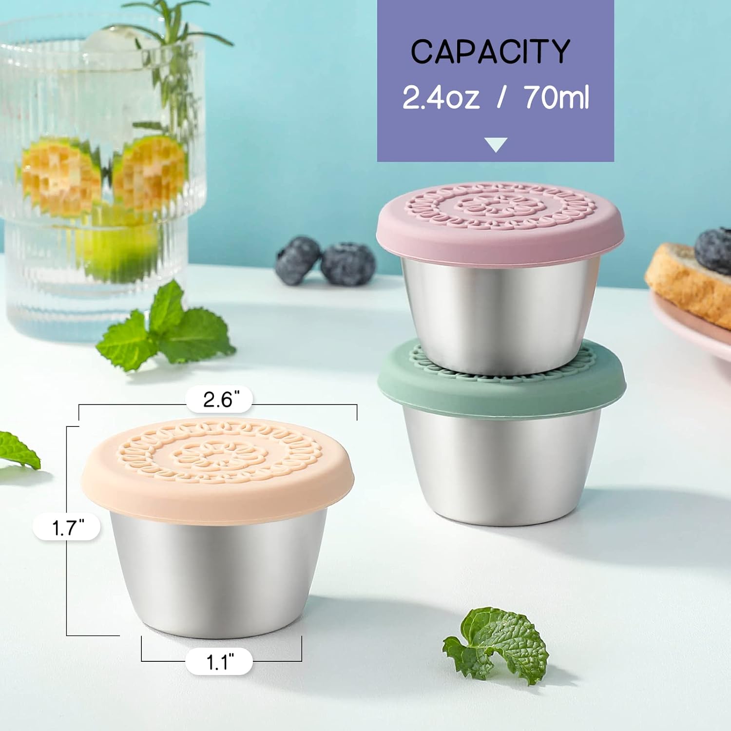 Portable leak-proof sauce cups (6-pack) for healthy meal prep, ensuring no spills in lunch bags.